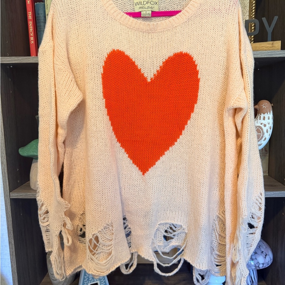 Wildfox Peach Sweater with Bold Orange Heart